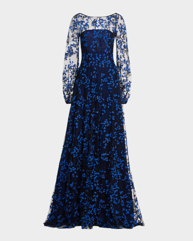 Floral Emboridered Long-Sleeve Illusion Gown